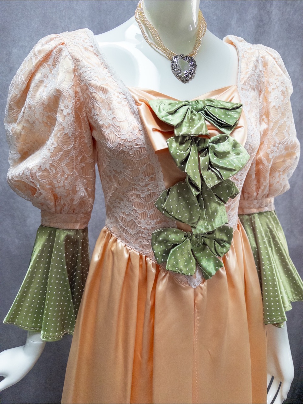 Vintage 1950s Satin Lace Renaissance Style Gown, Peach and Green, ~26” Waist‎